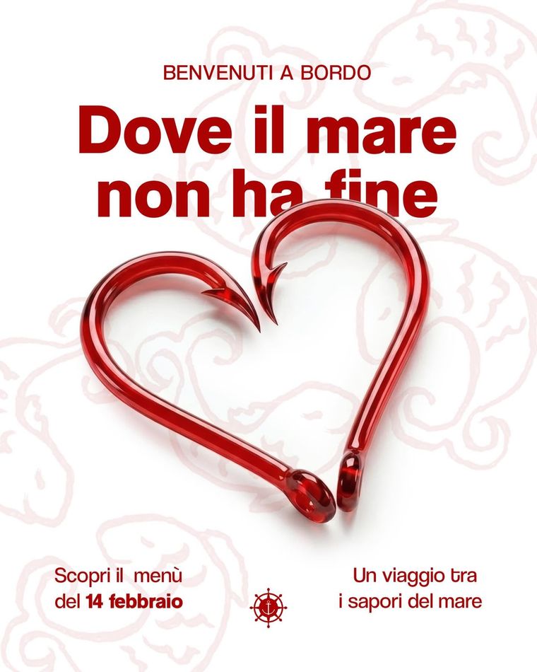 Post di San Valentino: due ami da pesca rossi formano un cuore, titolo "Dove il mare non ha fine"